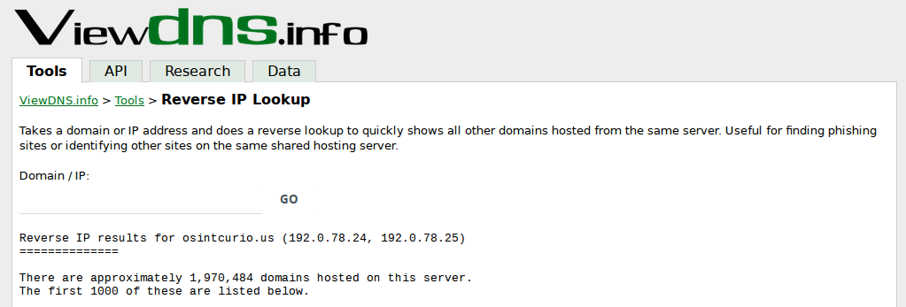 The results of a Whois lookup on the IP address of the Web servers that