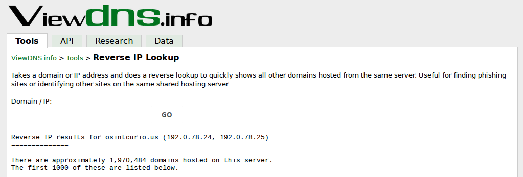 The results of a Whois lookup on the IP address of the Web servers